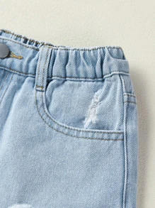 Tween Girl Summer Light Washed Blue A-Line Wide Leg Denim Shorts With Distressed Frayed Hem, Outwear - Light Wash - View 7