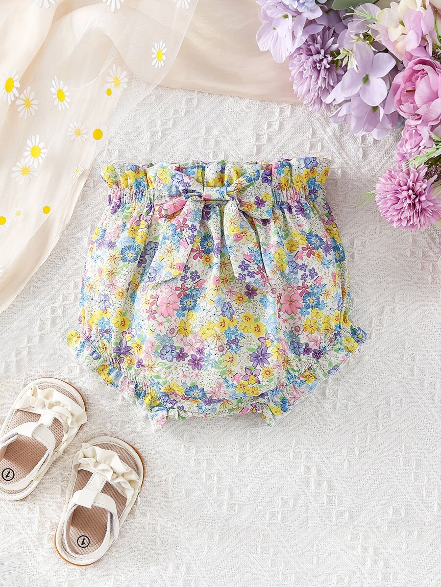 SHEIN Baby Floral Print Paperbag Waist Bow Front Ruffle Trim Shorts - Multicolor - View 1