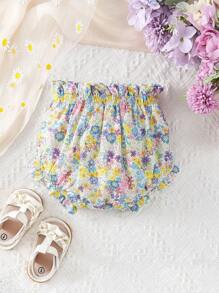 SHEIN Baby Floral Print Paperbag Waist Bow Front Ruffle Trim Shorts - Multicolor - View 2