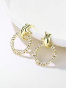 1pair Glamorous Cubic Zirconia Circle & Hand Stud Earrings For Women For Daily Decoration - Yellow Gold - View 1