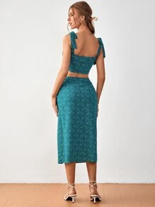 SHEIN Frenchy Top cu umăr cu cravată cu imprimeu floral și fustă cu coapsă despicată