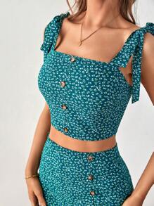 SHEIN Frenchy Top cu umăr cu cravată cu imprimeu floral și fustă cu coapsă despicată