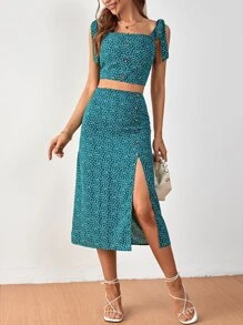 SHEIN Frenchy Top cu umăr cu cravată cu imprimeu floral și fustă cu coapsă despicată