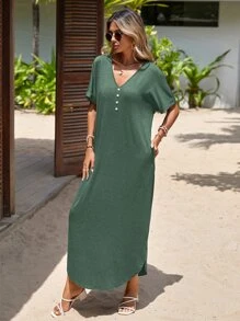 SHEIN LUNE Đầm Túi Nút phía trước màu trơn Giải trí - Màu xanh lá cây đậm - Xem 5
