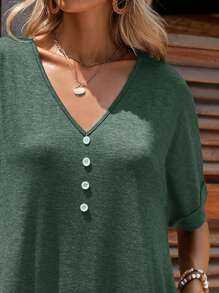 SHEIN LUNE Đầm Túi Nút phía trước màu trơn Giải trí - Màu xanh lá cây đậm - Xem 6