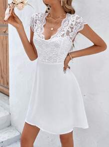 SHEIN Frenchy Đầm Lộ Lưng Tương phản ren Buộc lại màu trơn Thanh lịch - trắng - Xem 4