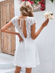 SHEIN Frenchy Đầm Lộ Lưng Tương phản ren Buộc lại màu trơn Thanh lịch - trắng - Xem 2