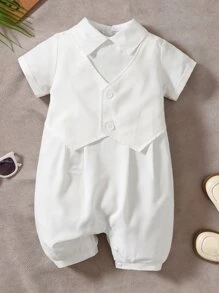 Đứa bé trai Nút phía trước 2 trong1 Áo liền quần - trắng - Xem 1