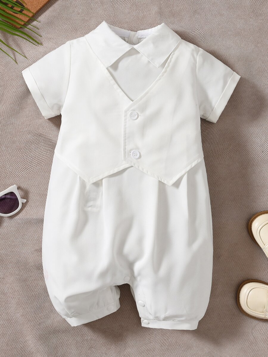 Đứa bé trai Nút phía trước 2 trong1 Áo liền quần - trắng - Xem 1