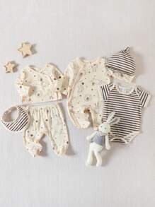 SHEIN Baby Striped Sleep Bodysuit & Rabbit Print Sleep Jumpsuit & Sleep Tee & Footed Sleep Trousers - Apricot - View 1