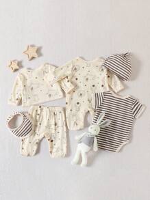 SHEIN Baby Striped Sleep Bodysuit & Rabbit Print Sleep Jumpsuit & Sleep Tee & Footed Sleep Trousers - Apricot - View 2