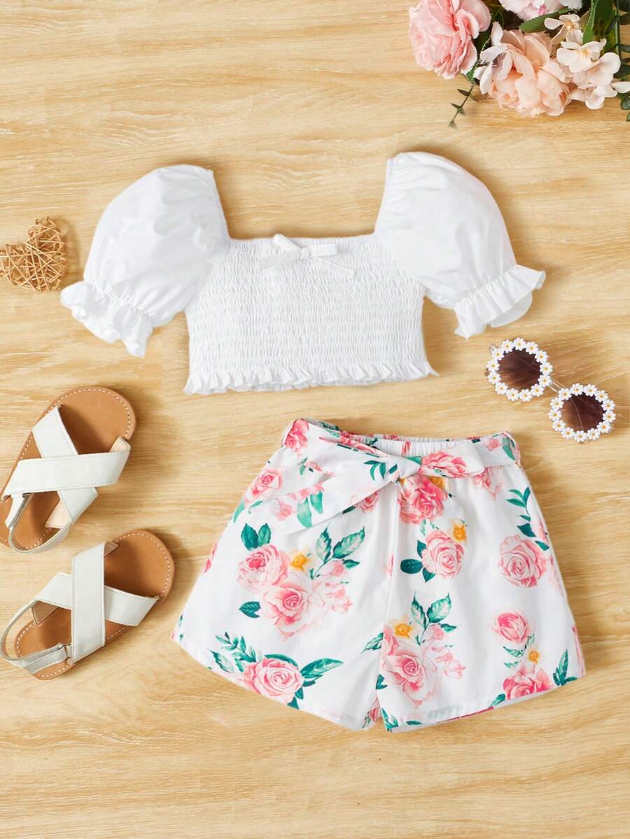 SHEIN 嬰兒泡泡袖上衣和印花附腰帶短褲