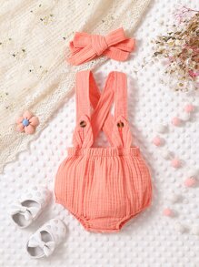 SHEIN 嬰兒素色背帶短褲和頭巾