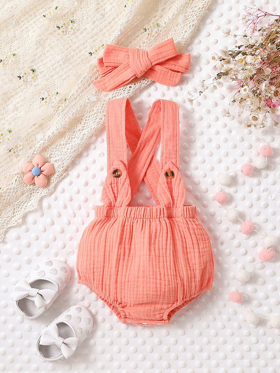 SHEIN 嬰兒素色背帶短褲和頭巾