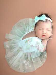 Newborn Photography Appliques Embroidery Mesh Overlay Ruffle Trim Dress & Accessory Headband - White - View 1