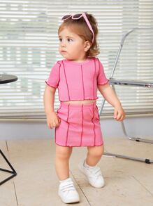 SHEIN 女嬰雙層拼接荷葉邊t恤和裙子 - 粉色 - 查看 1