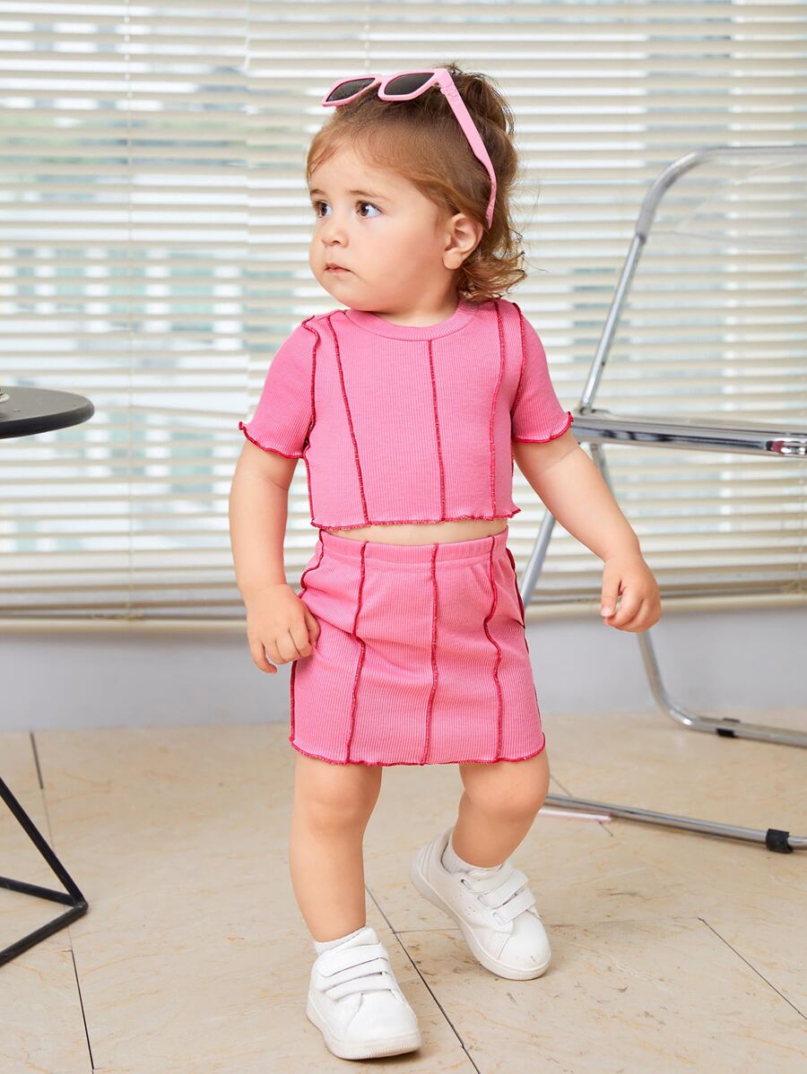 SHEIN 女嬰雙層拼接荷葉邊t恤和裙子 - 粉色 - 查看 1