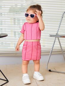 SHEIN 女嬰雙層拼接荷葉邊t恤和裙子 - 粉色 - 查看 6