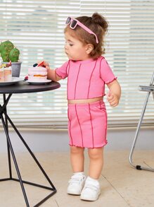 SHEIN 女嬰雙層拼接荷葉邊t恤和裙子 - 粉色 - 查看 4