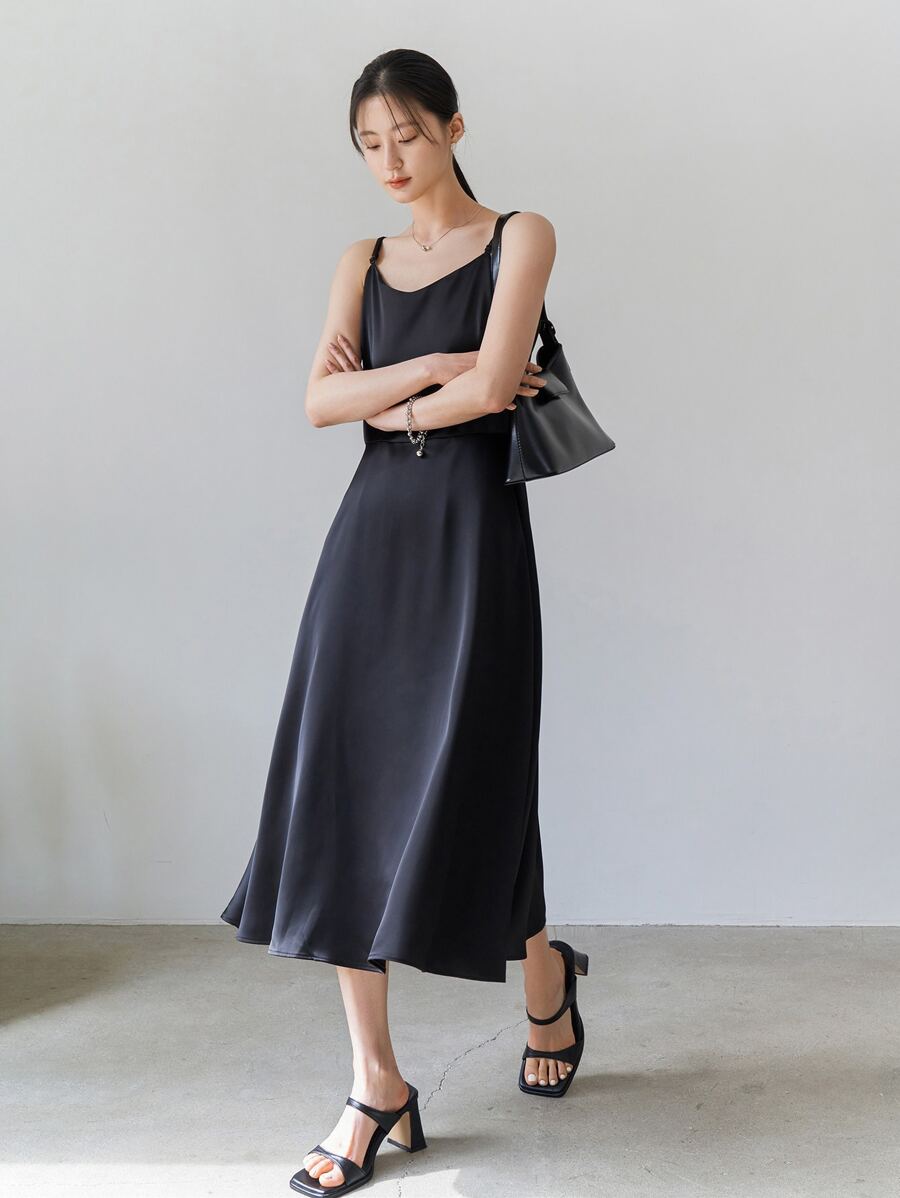 DAZY Solid Cami Dress Without Belt - Black - View 1