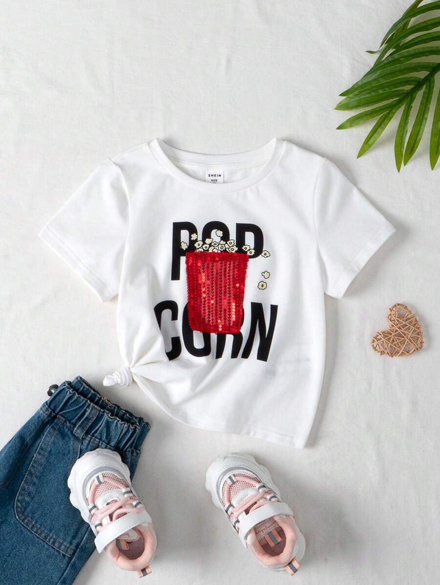 SHEIN Young Girl's Sequin Popcorn Letter Printed Round Neck Short Sleeve Knitted Comfortable Loose Casual T-Shirt