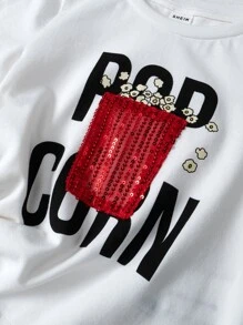 SHEIN Young Girl's Sequin Popcorn Letter Printed Round Neck Short Sleeve Knitted Comfortable Loose Casual T-Shirt