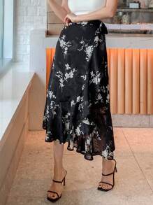 DAZY In hoa Xù Hoa Sen Bọc Nút ven Váy - màu đen - Xem 8