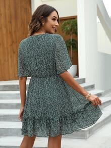 Đầm Viên lá sen viền lá sen Họa tiết hoa Boho - Màu xanh lá cây đậm - Xem 2