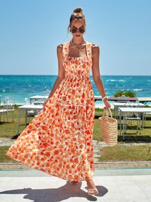 SHEIN VCAY Đầm Lộ Lưng Hội Chữ thập viền lá sen Viên lá sen Buộc lại Dải chun Hoa Tất cả trên in Boho - Nhiều màu - Xem 1
