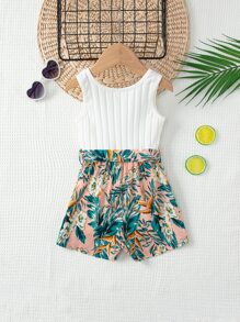 SHEIN Petite Fille Combishort Imprimé Tropical Ceinturé - Multicolore - Voir 2