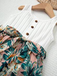 SHEIN Petite Fille Combishort Imprimé Tropical Ceinturé - Multicolore - Voir 3