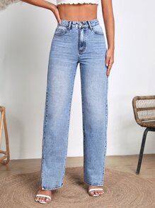 SHEIN Frenchy Eenkleurig Dames jeans Knoop Split Rits