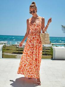 SHEIN VCAY Đầm Lộ Lưng Hội Chữ thập viền lá sen Viên lá sen Buộc lại Dải chun Hoa Tất cả trên in Boho - Nhiều màu - Xem 5