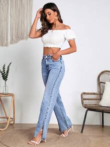 SHEIN Frenchy Eenkleurig Dames jeans Knoop Split Rits