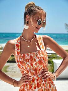 SHEIN VCAY Đầm Lộ Lưng Hội Chữ thập viền lá sen Viên lá sen Buộc lại Dải chun Hoa Tất cả trên in Boho - Nhiều màu - Xem 6