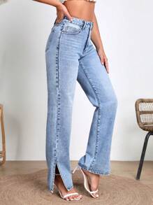 SHEIN Frenchy Eenkleurig Dames jeans Knoop Split Rits