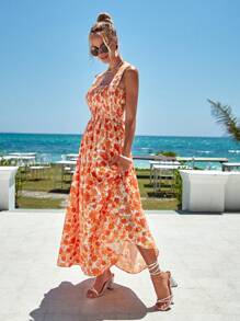 SHEIN VCAY Đầm Lộ Lưng Hội Chữ thập viền lá sen Viên lá sen Buộc lại Dải chun Hoa Tất cả trên in Boho - Nhiều màu - Xem 7