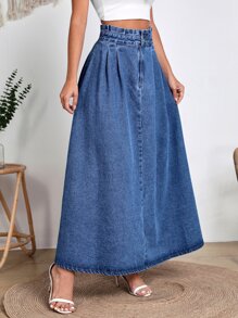 SHEIN Váy denim nữ Nút Dây kéo Quần paper-bag màu trơn - Rửa trung bình - Xem 4