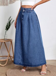 SHEIN Váy denim nữ Nút Dây kéo Quần paper-bag màu trơn - Rửa trung bình - Xem 5