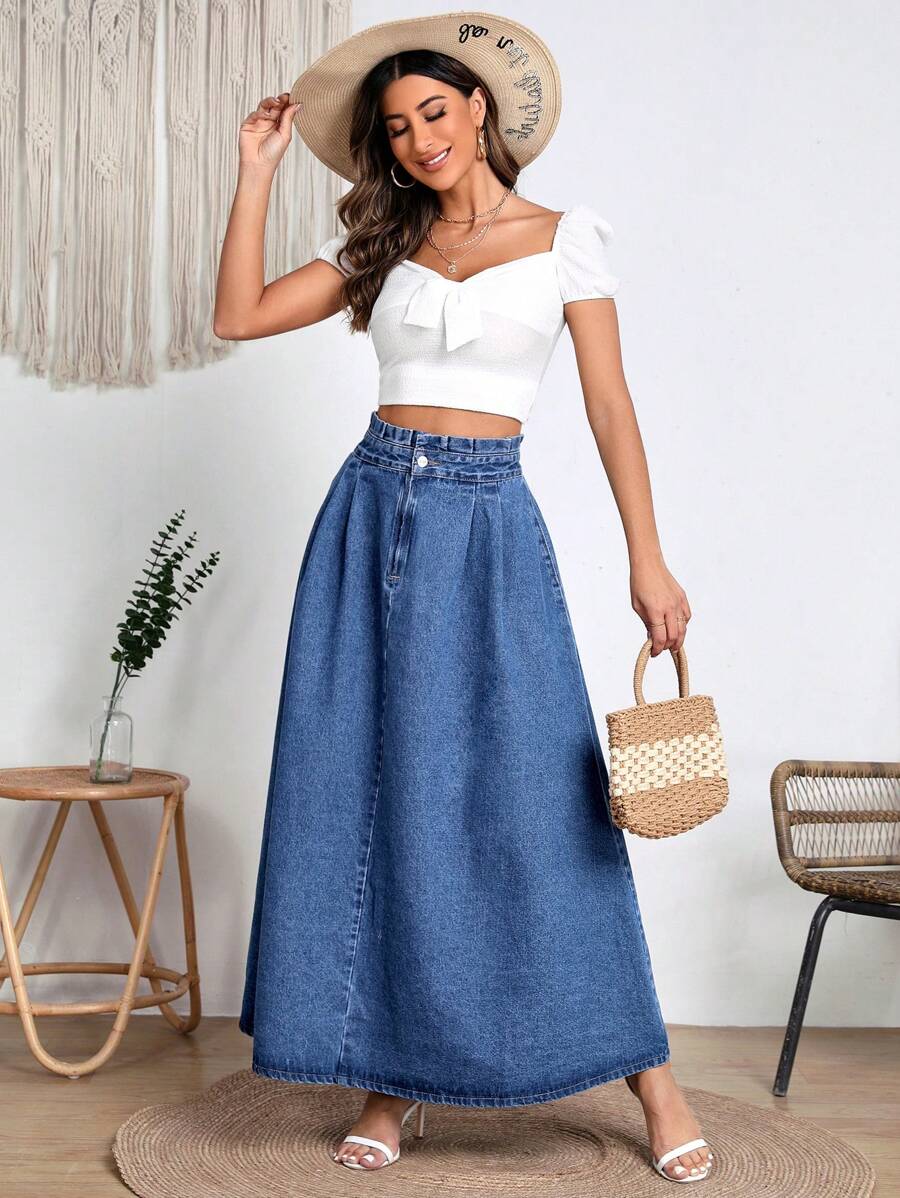 SHEIN Váy denim nữ Nút Dây kéo Quần paper-bag màu trơn - Rửa trung bình - Xem 1