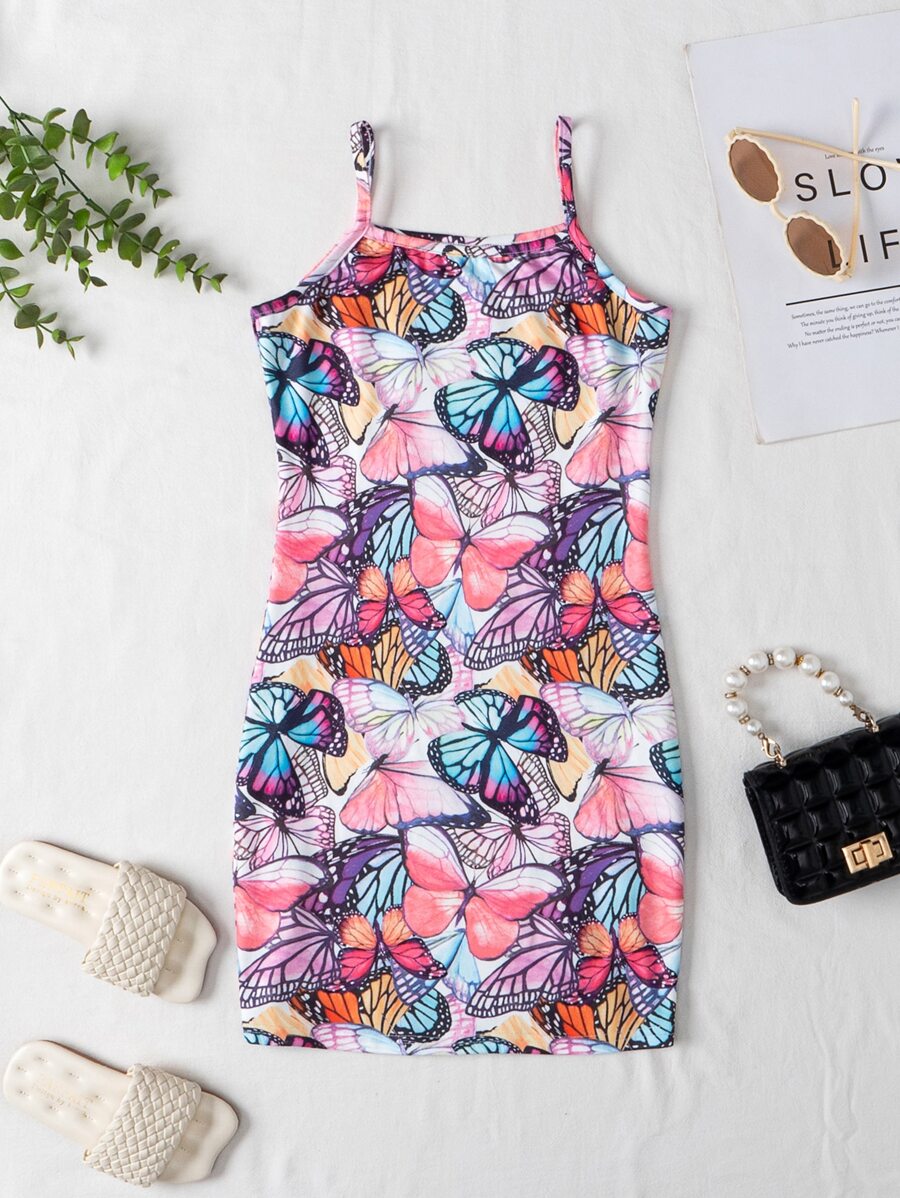 SHEIN 女孩蝴蝶圖案吊帶連衣裙 - 彩色 - 查看 1