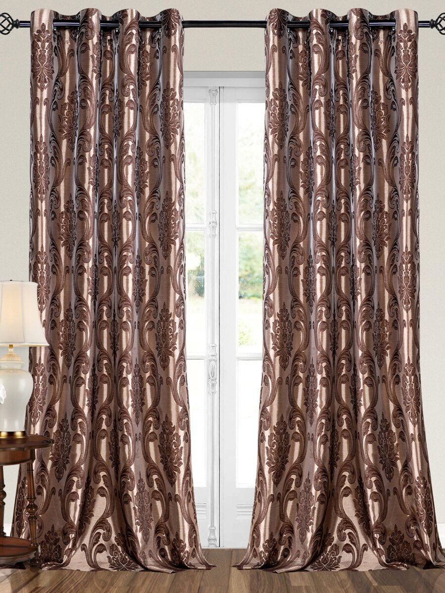 1 件金属穿孔美式复古提花薄纱窗帘布 - 棕色 - 查看 1