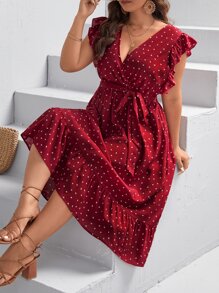 SHEIN VCAY Plus Heart Print Ruffle Trim Belted Dress - Burgundy - View 1