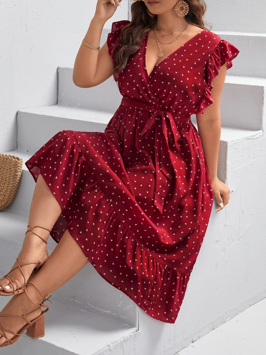 SHEIN VCAY Plus Heart Print Ruffle Trim Belted Dress - Burgundy - View 1