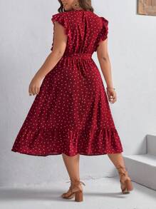 SHEIN VCAY Plus Heart Print Ruffle Trim Belted Dress - Burgundy - View 2