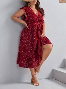 SHEIN VCAY Plus Heart Print Ruffle Trim Belted Dress - Burgundy - View 5