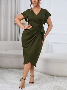 SHEIN Belle 大碼蝴蝶袖側打結圍裹式連衣裙 - 軍綠色 - 查看 1