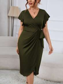 SHEIN Belle 大碼蝴蝶袖側打結圍裹式連衣裙 - 軍綠色 - 查看 5