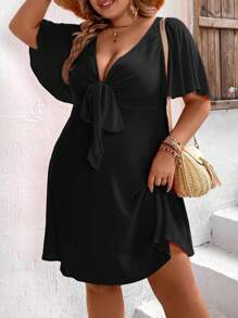 SHEIN VCAY 大碼前打結蝴蝶袖深V領連衣裙 - 黑色 - 查看 6