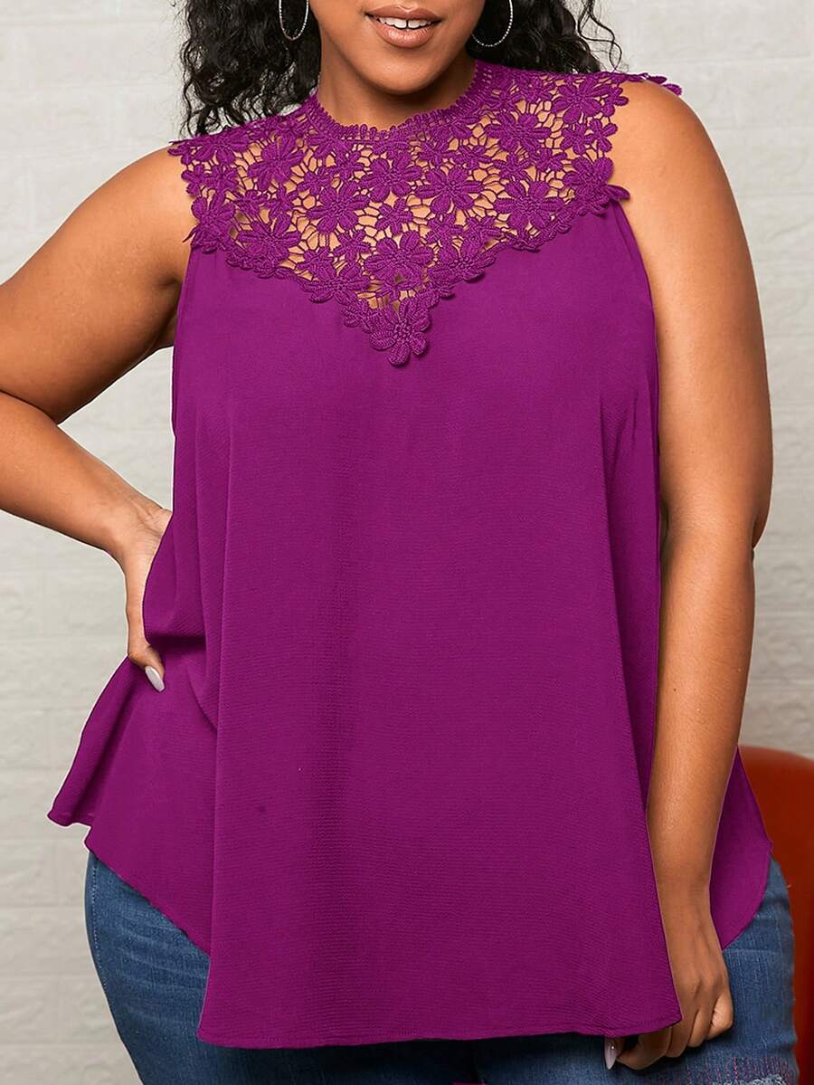 SHEIN CURVE+ Plus Guipure Lace Yoke Tank Top - Red Violet - View 1